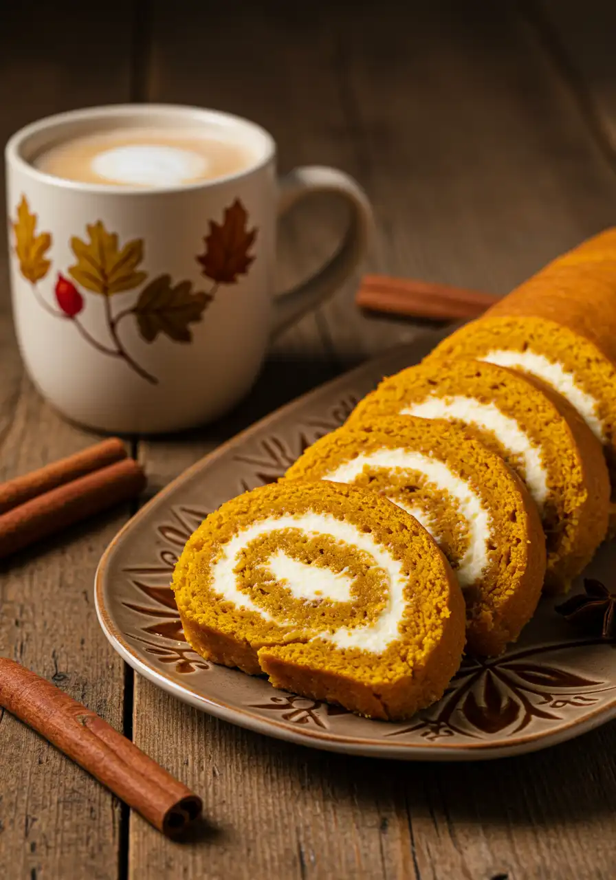 serving pumpkin roll with cream cheese filling