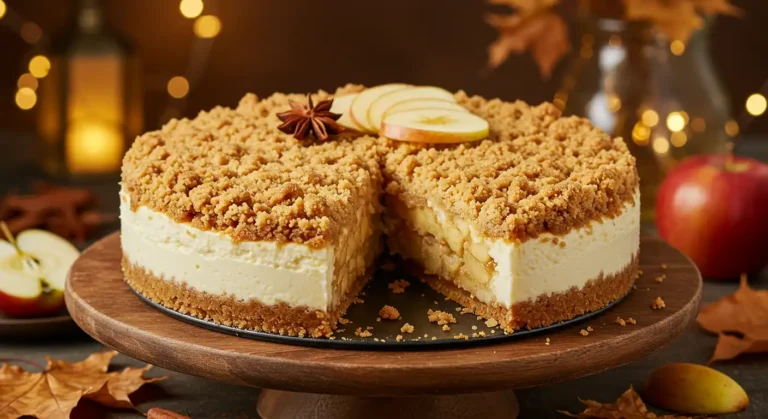 Apple Crumble Cheesecake – creamy cheesecake topped with spiced apples and crumble