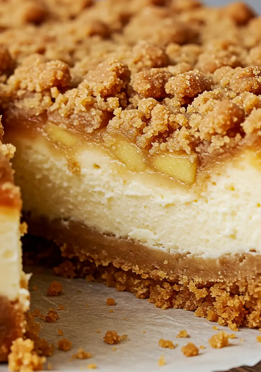 Apple Crumble Cheesecake layers with crust, cheesecake filling, and crumble topping