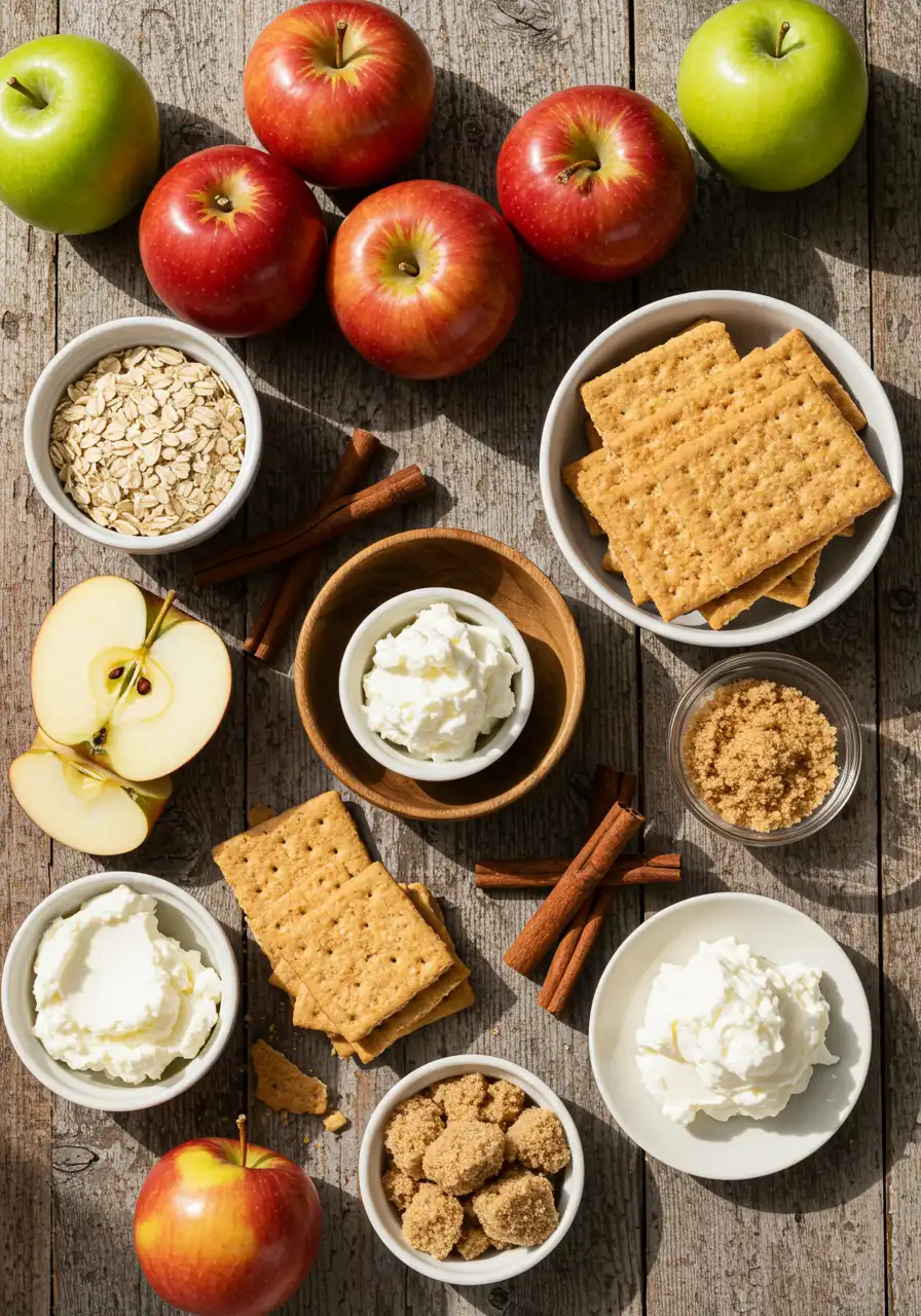 Ingredients for Apple Crumble Cheesecake including apples, graham crackers, cream cheese, oats, and cinnamon