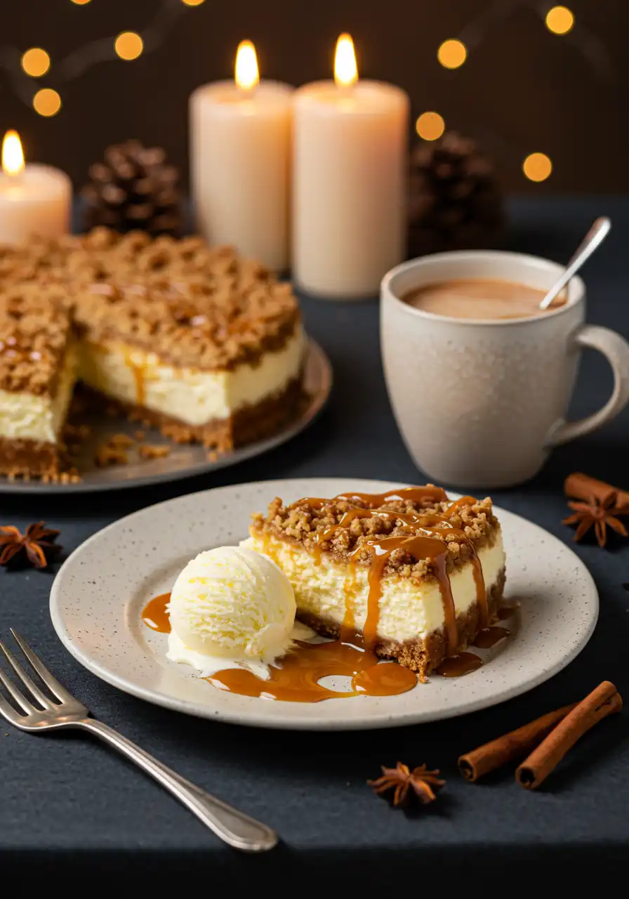 Apple Crumble Cheesecake slice drizzled with caramel and served with vanilla ice cream