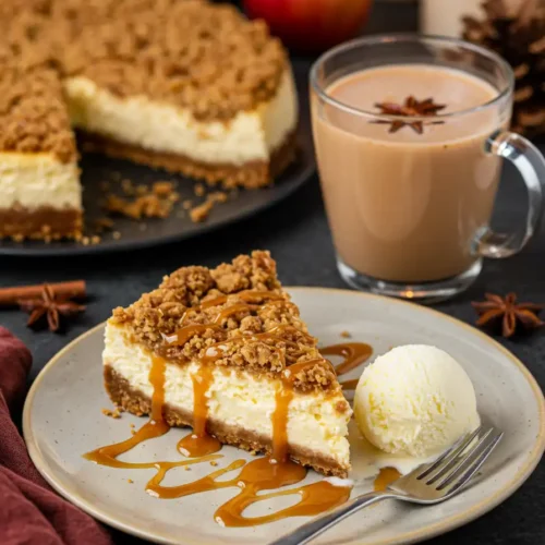 Apple Crumble Cheesecake slice drizzled with caramel, served with vanilla ice cream and chai tea