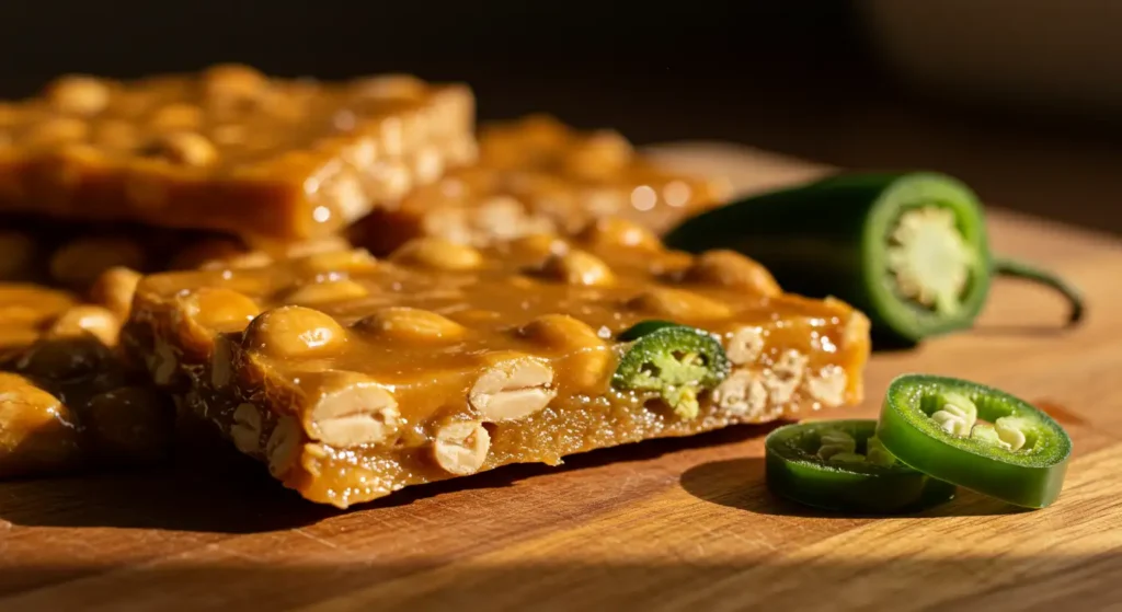 Spicy jalapeño peanut brittle with jalapeños on rustic board