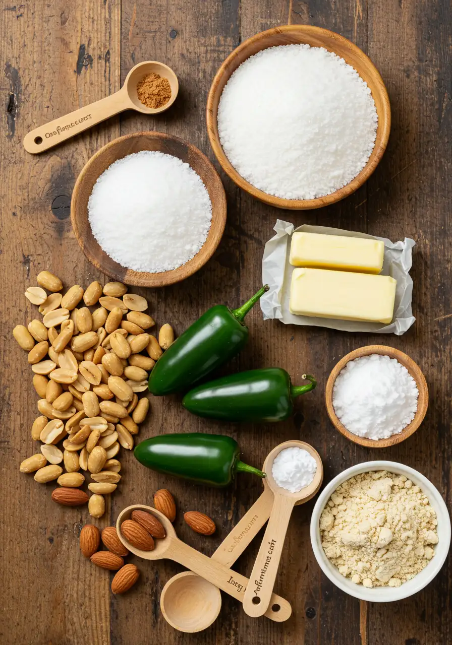 Ingredients for jalapeño peanut brittle arranged on kitchen counter