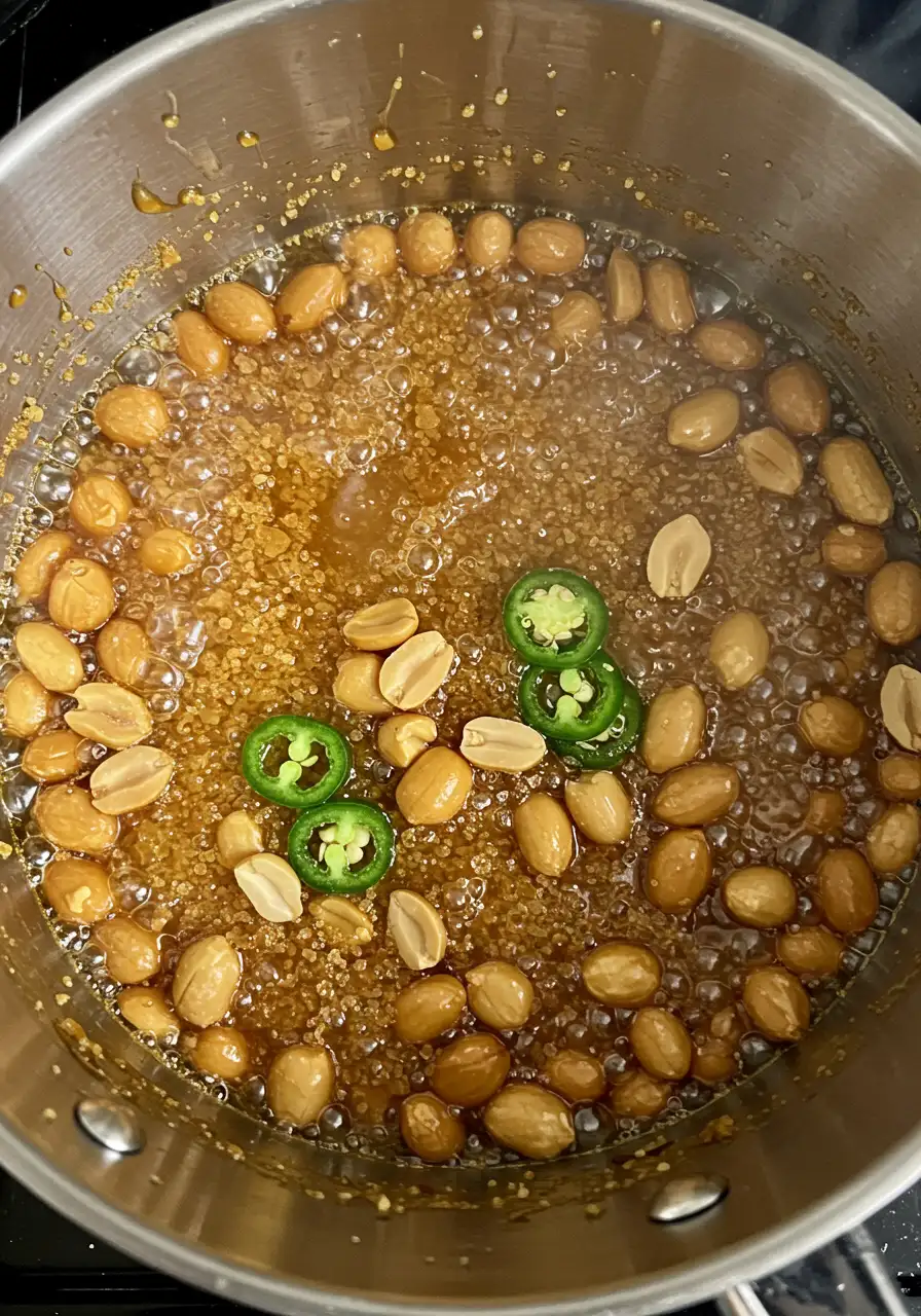 Bubbling caramel mixture for jalapeño peanut brittle