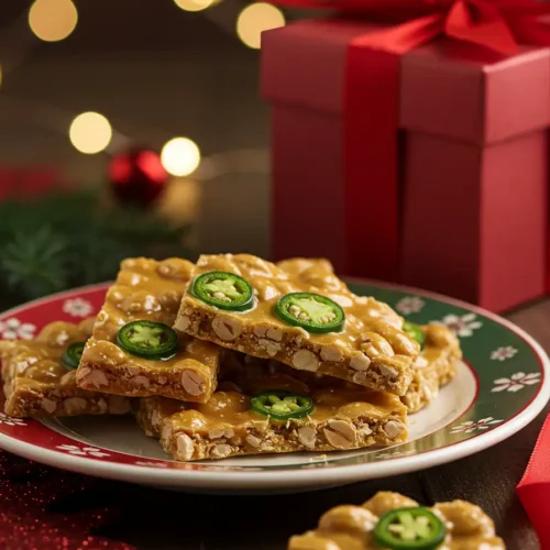 Spicy Jalapeño Peanut Brittle holiday serving with gift box