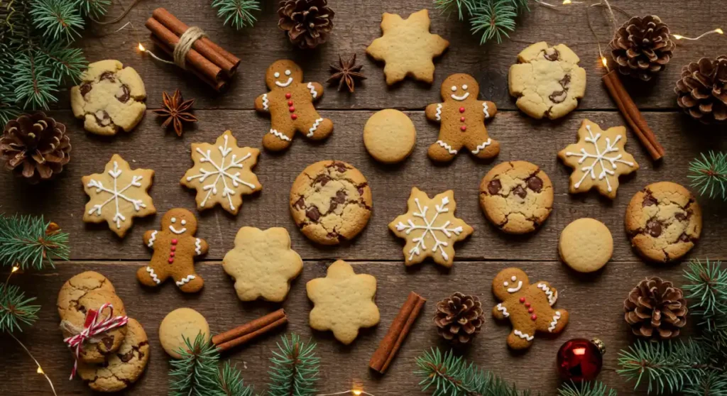 Assorted vegan holiday cookies on rustic wood table