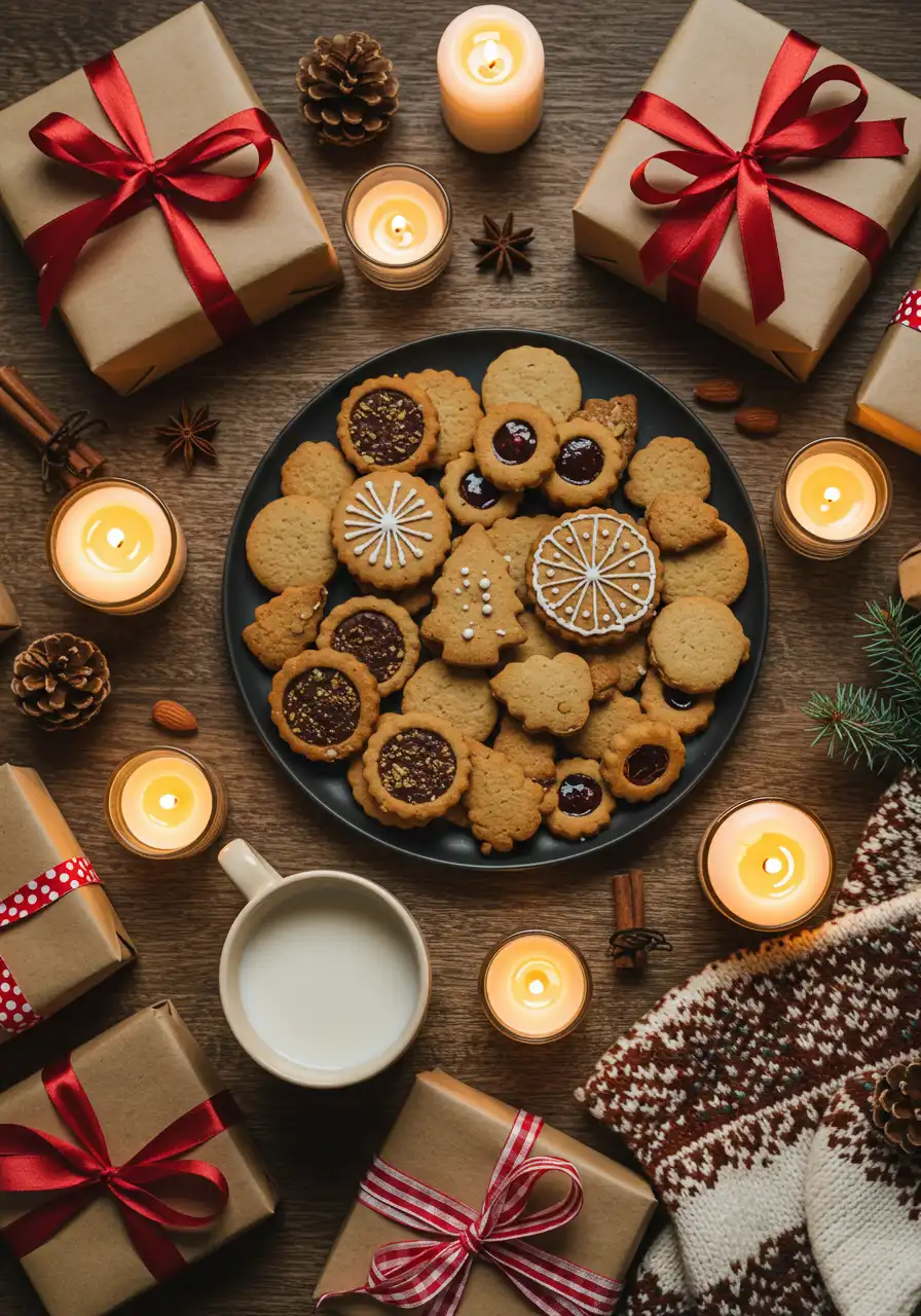 vegan-holiday-cookie-serving.webp Served vegan holiday cookies on a holiday platter