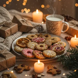 Assorted vegan holiday cookies served with plant-based milk for Christmas 2025