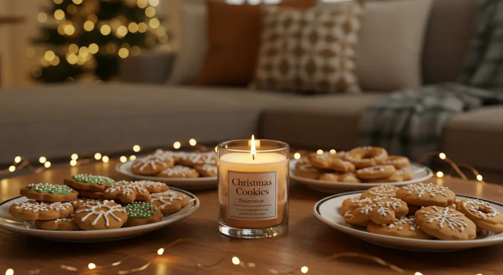 Christmas Cookies Fragrance candle surrounded by festive holiday cookies