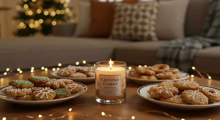 Christmas Cookies Fragrance candle surrounded by festive holiday cookies