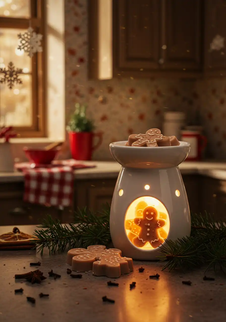 gingerbread-wax-melts.webp Gingerbread-scented wax melts in a cozy holiday setting