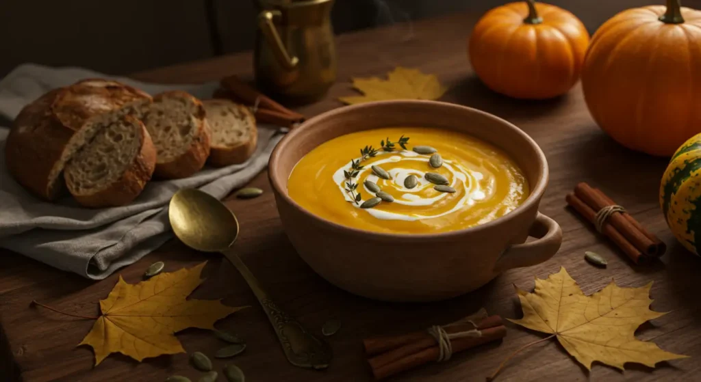 Creamy pumpkin soup recipe served in a rustic fall setting