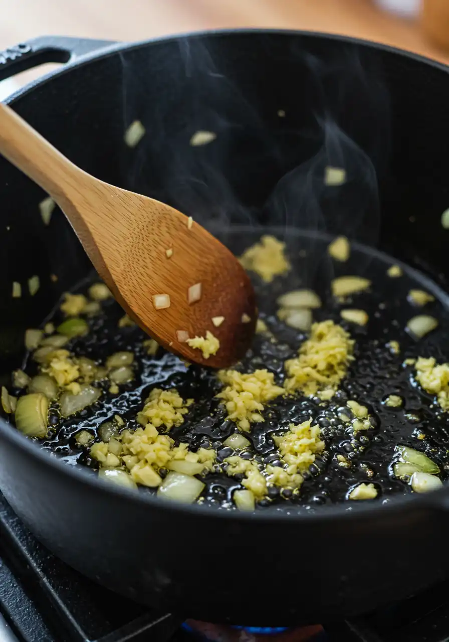sauteing-onions-garlic-ginger-pumpkin-soup.webp Onions, garlic, and ginger sautéing for pumpkin soup base