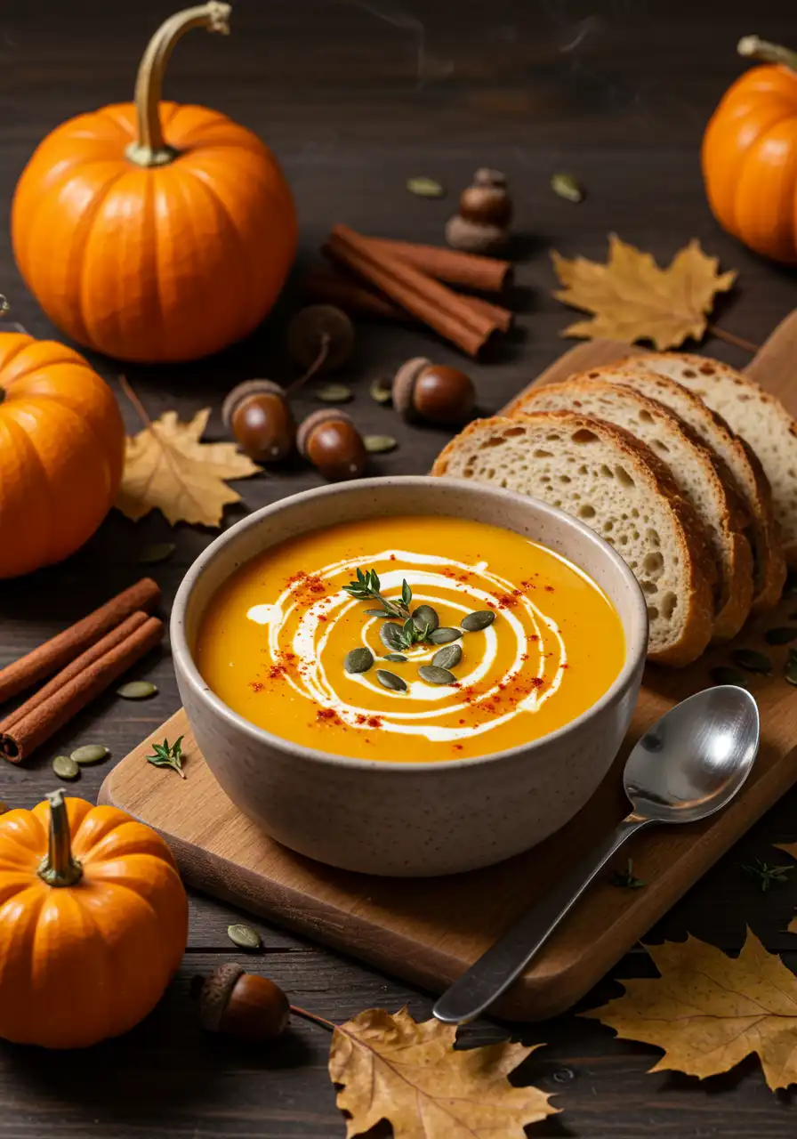 serving-creamy-pumpkin-soup-bowl.webp Pumpkin soup served with toppings and fall garnish