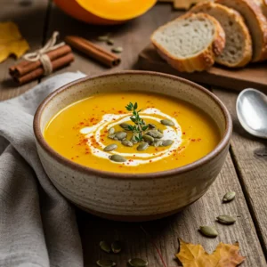 Creamy pumpkin soup recipe with toppings and rustic styling