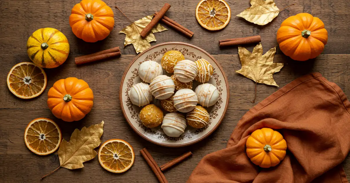 No Bake Pumpkin Cheesecake Balls served on a rustic fall table