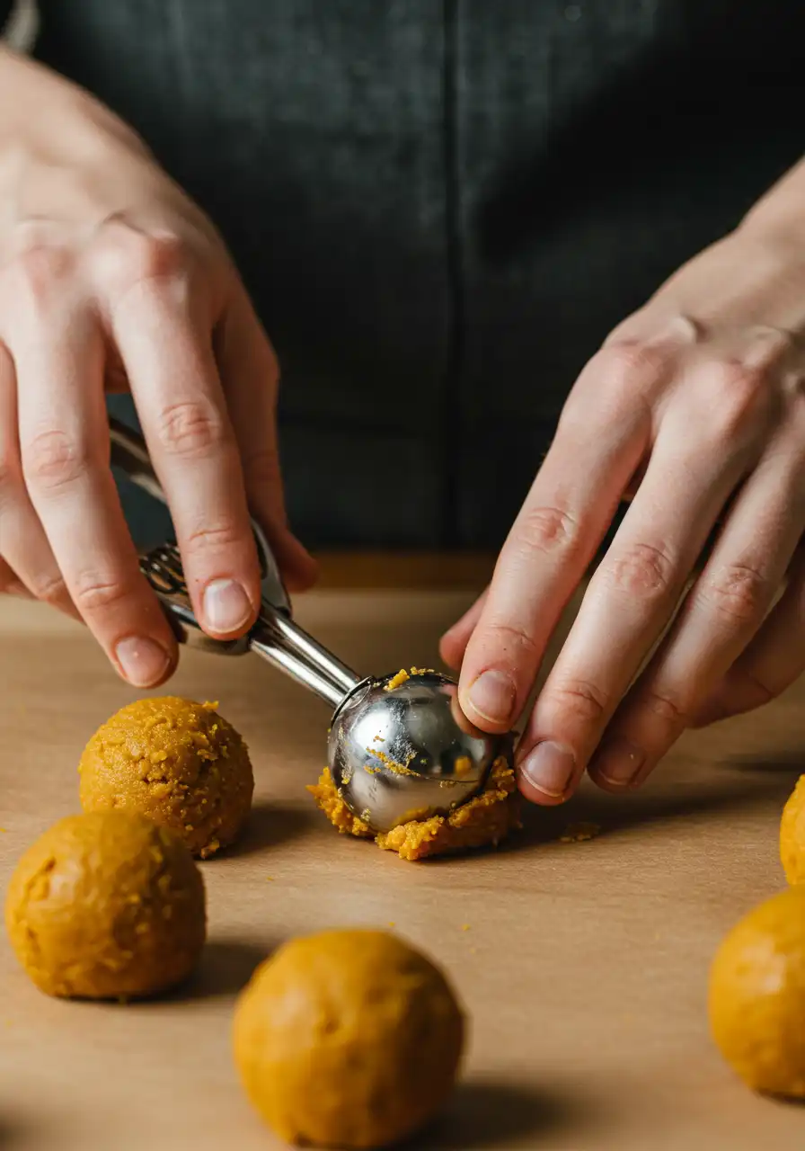 rolling-pumpkin-cheesecake-balls.webp Rolling no bake pumpkin cheesecake balls by hand