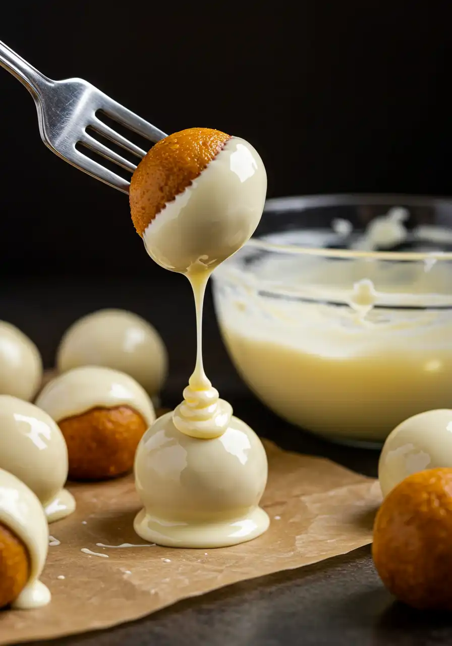 coating-pumpkin-cheesecake-balls.webp Dipping pumpkin cheesecake balls in white chocolate
