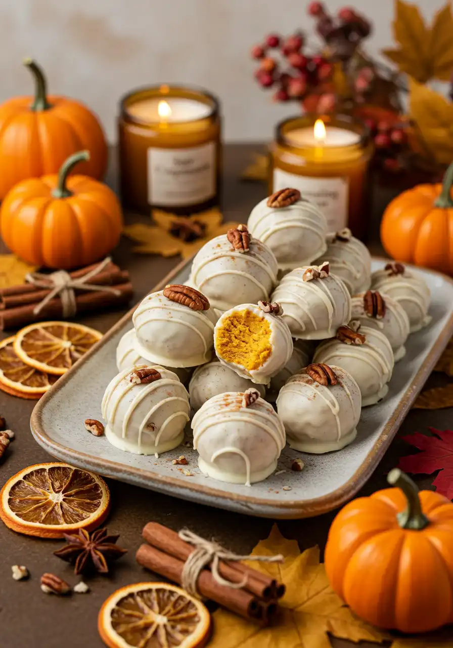 serving-no-bake-pumpkin-cheesecake-balls.webp Pumpkin cheesecake balls arranged on a serving tray for fall