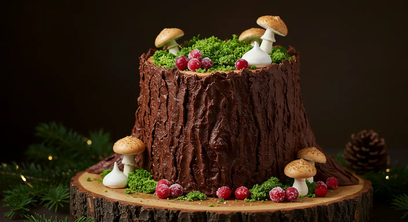 Tree stump cake centerpiece with chocolate ganache and forest-themed decorations