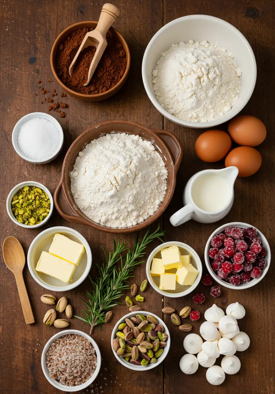 Tree stump cake ingredients on rustic countertop