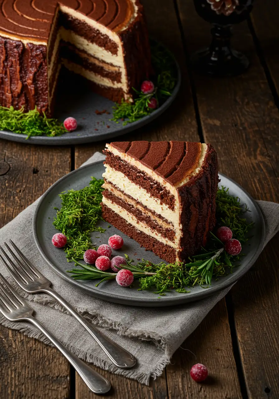 Vertical tree stump cake slice with bark ganache