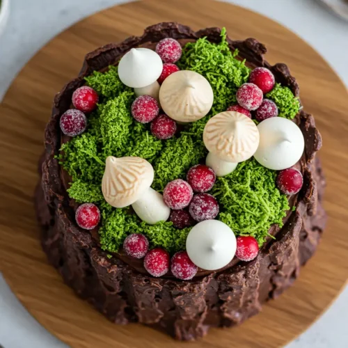Tree stump cake recipe card with rustic decor