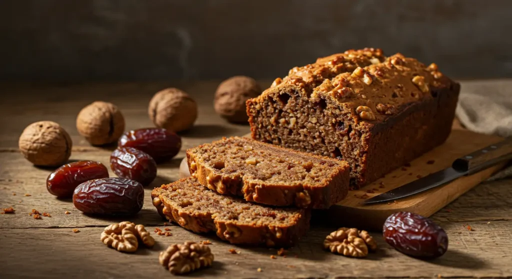 Fresh homemade date nut bread loaf sliced on a rustic kitchen table
