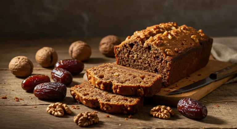 Fresh homemade date nut bread loaf sliced on a rustic kitchen table