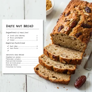 Visual recipe card for easy homemade date nut bread