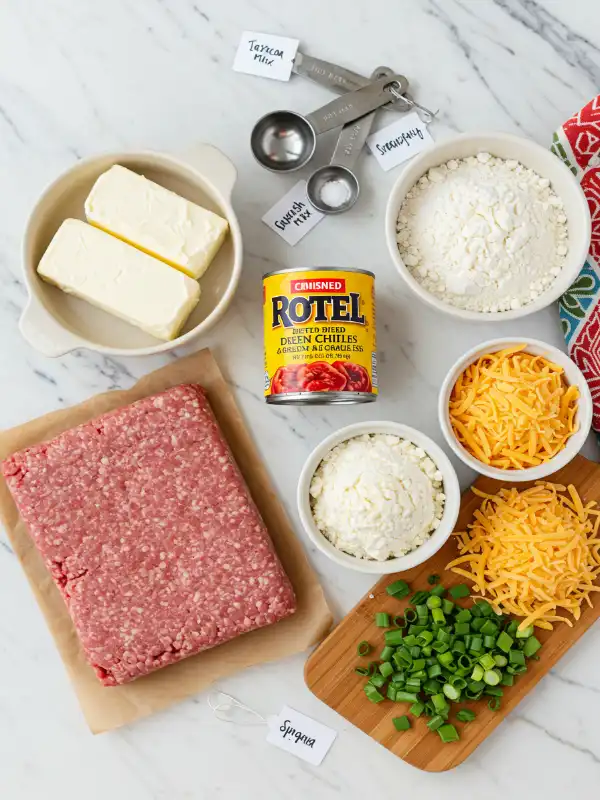 Ingredients for Rotel Cream Cheese Sausage Balls