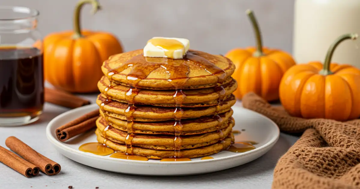 Fluffy pumpkin pancakes stacked with butter and syrup