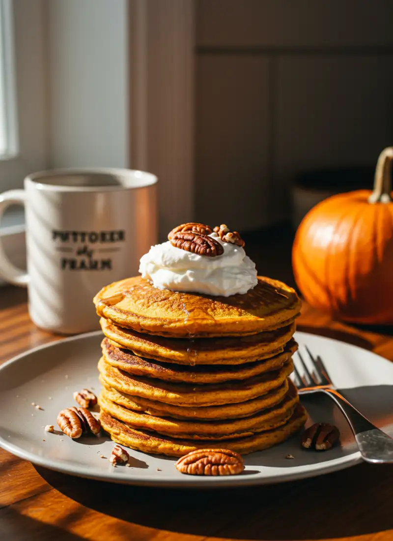 serving-fluffy-pumpkin-pancakes.webp Served pumpkin pancakes topped with cream and pecans
