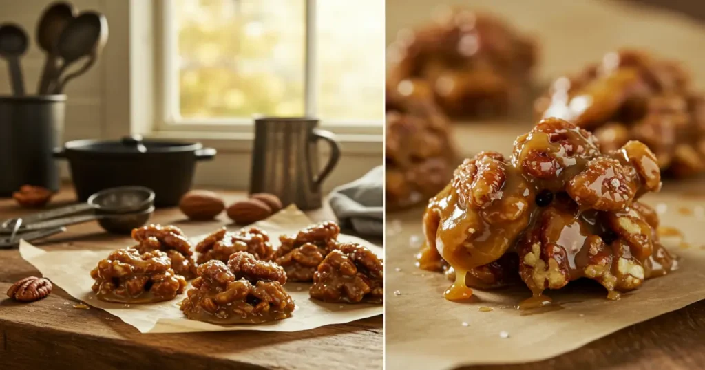 Fresh Southern pecan candy cooling on parchment paper in a cozy farmhouse kitchen