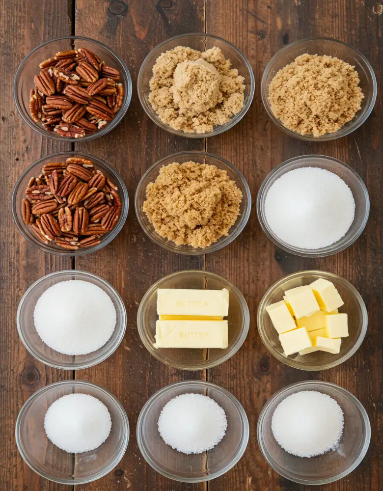 pecan-candy-recipe-ingredients-flatlay.webp Flat lay of classic pecan candy ingredients on wooden table