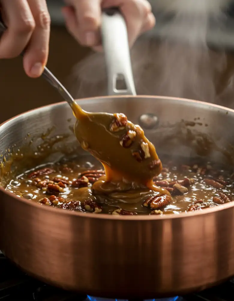pecan-candy-cooking-step-closeup.webp Stirring hot caramel pecan mixture in saucepan