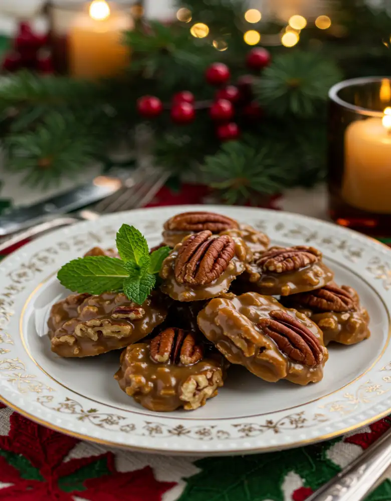 holiday-serving-southern-pecan-candy.webp Beautiful pecan candy served on a festive plate with mint garnish