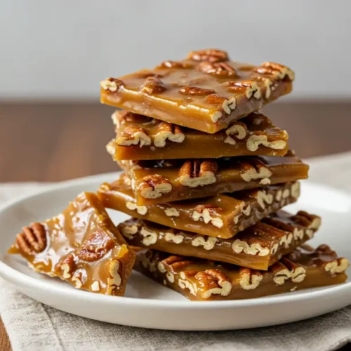 Stacked pieces of homemade pecan candy bark on a white ceramic plate