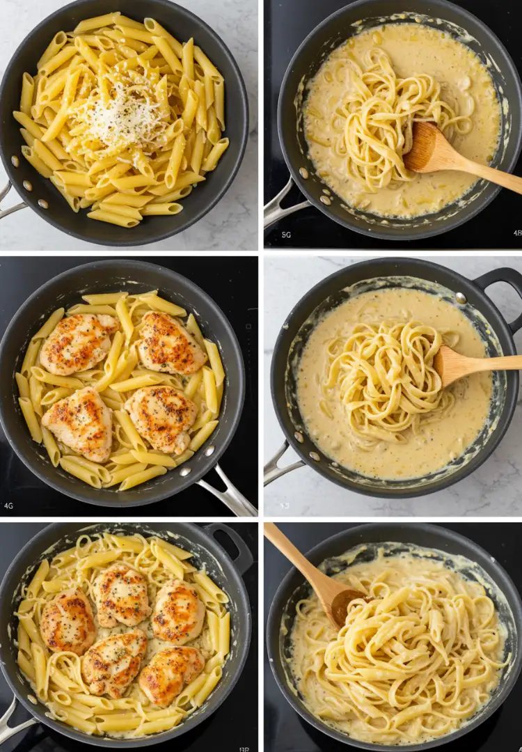 garlic-parmesan-pasta-cooking-steps.webp Step-by-step cooking process of garlic parmesan chicken pasta