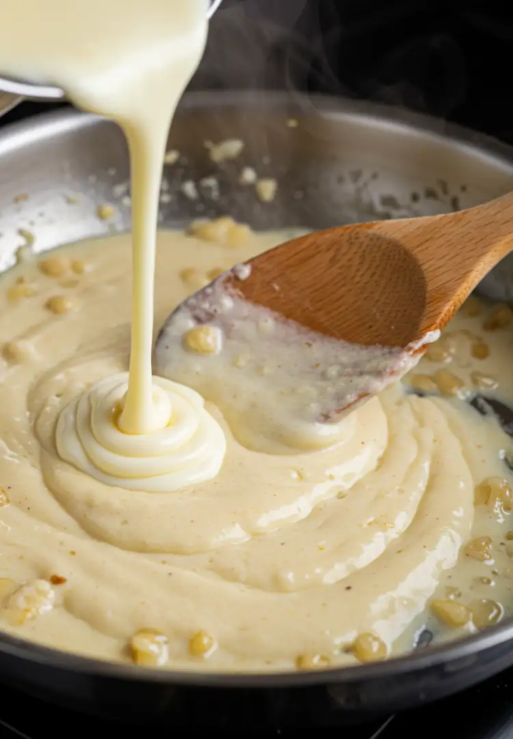 creamy-garlic-parmesan-sauce.webp Garlic parmesan sauce being stirred in a pan with butter, cream, and cheese