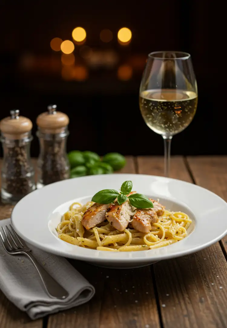 garlic-parmesan-chicken-pasta-serving-ideas-2025.webp Garlic parmesan chicken pasta served in a white plate with basil, white wine, and table setting