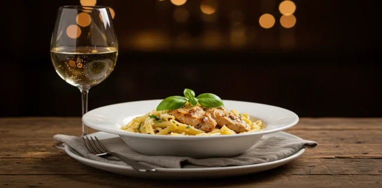 Creamy garlic parmesan chicken pasta served with grilled chicken and white wine for winter 2025