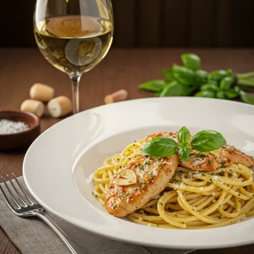 Garlic parmesan chicken pasta with grilled chicken breast, basil garnish, and white wine on a rustic table
