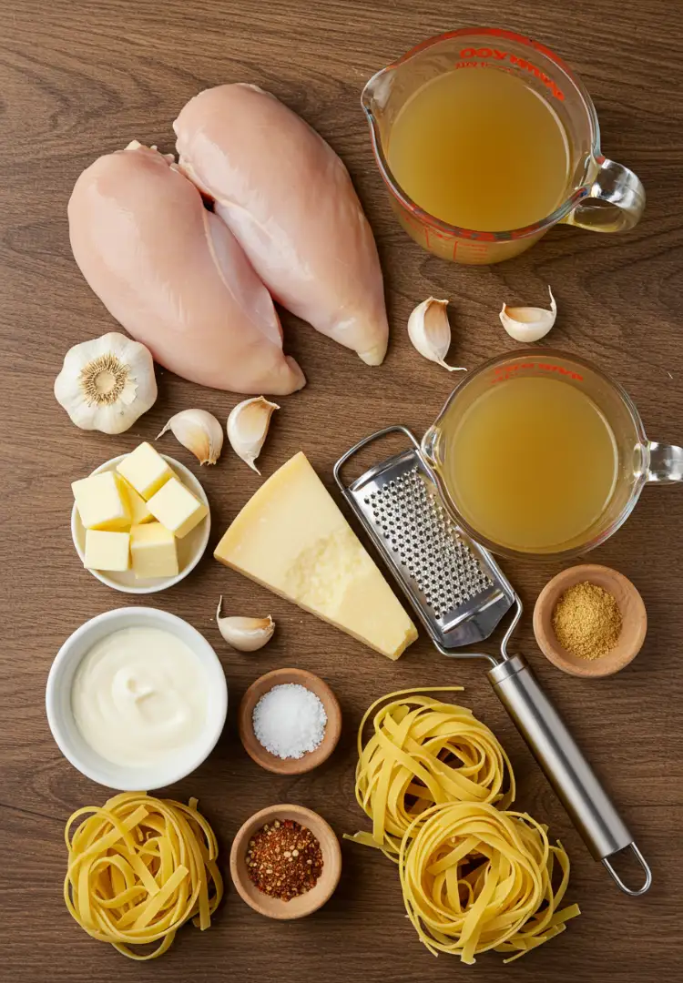 garlic-parmesan-chicken-pasta-ingredients-2025.webp Ingredients for garlic parmesan chicken pasta: raw chicken breasts, garlic, butter, parmesan, cream, chicken broth, pasta, spices