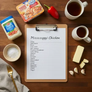 Printable Mississippi Chicken Recipe card on rustic table