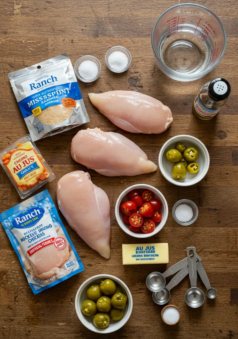 mississippi-chicken-ingredients.webp Ingredients for Mississippi Chicken arranged on a wooden table