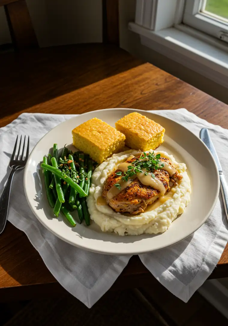 mississippi-chicken-serving.webp Mississippi Chicken served with mashed potatoes, green beans, and cornbread