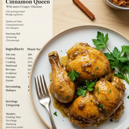 Cinnamon Queen Chicken recipe card with ingredients, steps, and nutrition facts