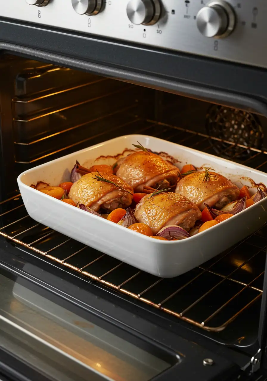 cinnamon-queen-chicken-baking.webp Cinnamon Queen Chicken baking in the oven over vegetables and apricots